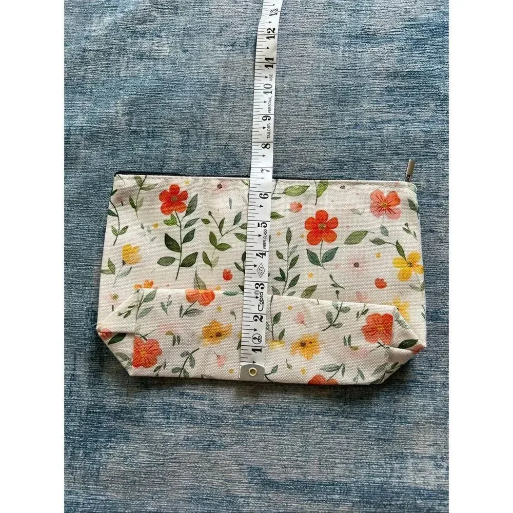 Orange Yellow Flower Cotton Canvas Small Makeup Bag Travel Toiletry Pouch